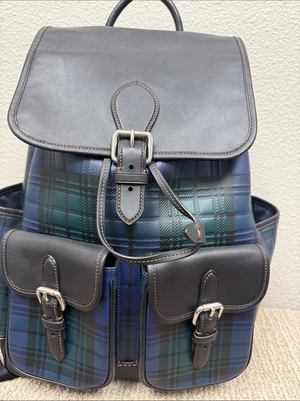 Coach Frankie Black Leather Trim Green and Navy Plaid Backpack - Picture 3 of 14